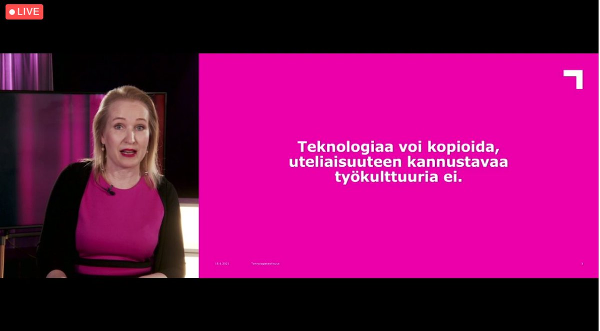 Tänään teemana työelämän tulevaisuus. "Tulevaisuuden työ on ennen kaikkea uuden oppimista", sanoo <a href="/MinnaHelle/">Minna Helle</a> webinaarissa <a href="/TechFinland/">Teknologiateollisuus</a>. Lue lisää: VALO – Välähdyksiä työkulttuurin tulevaisuuteen -  teknologiateollisuus.fi/fi/tyomarkkina… #valoatyöhön