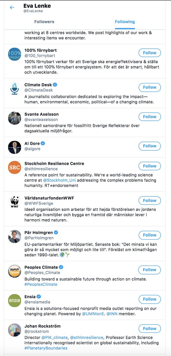 Now interesting, we have another actor: Eva Lenke in first 10 followers!Who Eva follows?Just 3 matches in first 49: Bill McKibben, Naomi Klein, Pär HolmgrenNot much, but if you analyze common following there're a lot more common interests surnames: