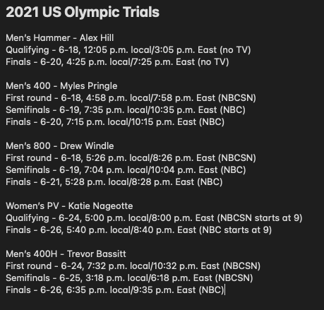 Now THIS is a list - 5⃣ <a href="/AUTrackField/">AU Track & Field</a> greats competing at the 2021 United States Olympic Trials in the next few weeks!

<a href="/TrevorBassitt30/">Trevor Bassitt OLY</a> <a href="/ktnago13/">Katie Moon</a> <a href="/DrewWindle/">Drew Windle</a> <a href="/MylesPringle/">Myles Pringle</a> Alex Hill