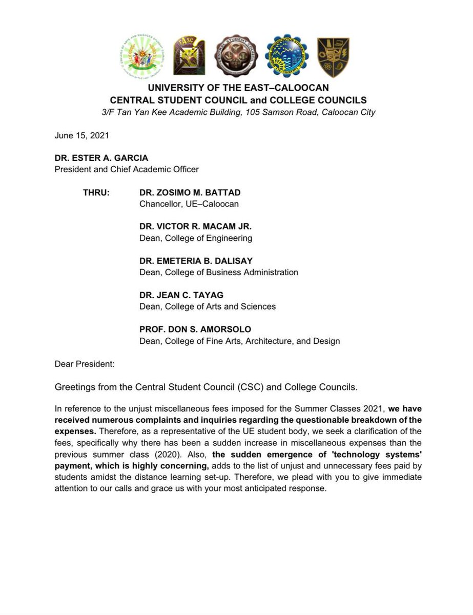 UECSC_Official's tweet photo. 𝗖𝗘𝗡𝗧𝗥𝗔𝗟 𝗨𝗣𝗗𝗔𝗧𝗘 

Together with the College Councils, the CSC has filed an appeal on the unjustified increase of miscellaneous fees in this year's summer classes to President Garcia, earlier today. 

#ResistThePolicy 
#TransparenCSC
#TranCSCendence
#CSC2122 https://t.co/HiXr0MqeKW