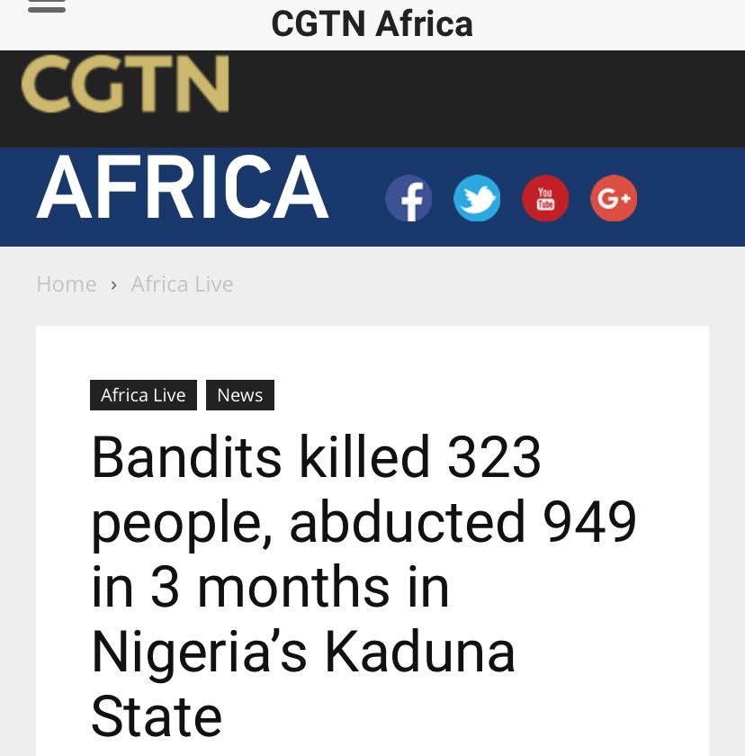 “Bandits killed 323 people, abducted 949 in 3 months in Kaduna State”. Let it sink in: In 3 months, 323 slaughtered in Kaduna alone by FULANI terrorists. You know why it happened? It’s because all their soldiers are in the East that never recorded such mayhem. Good riddance!