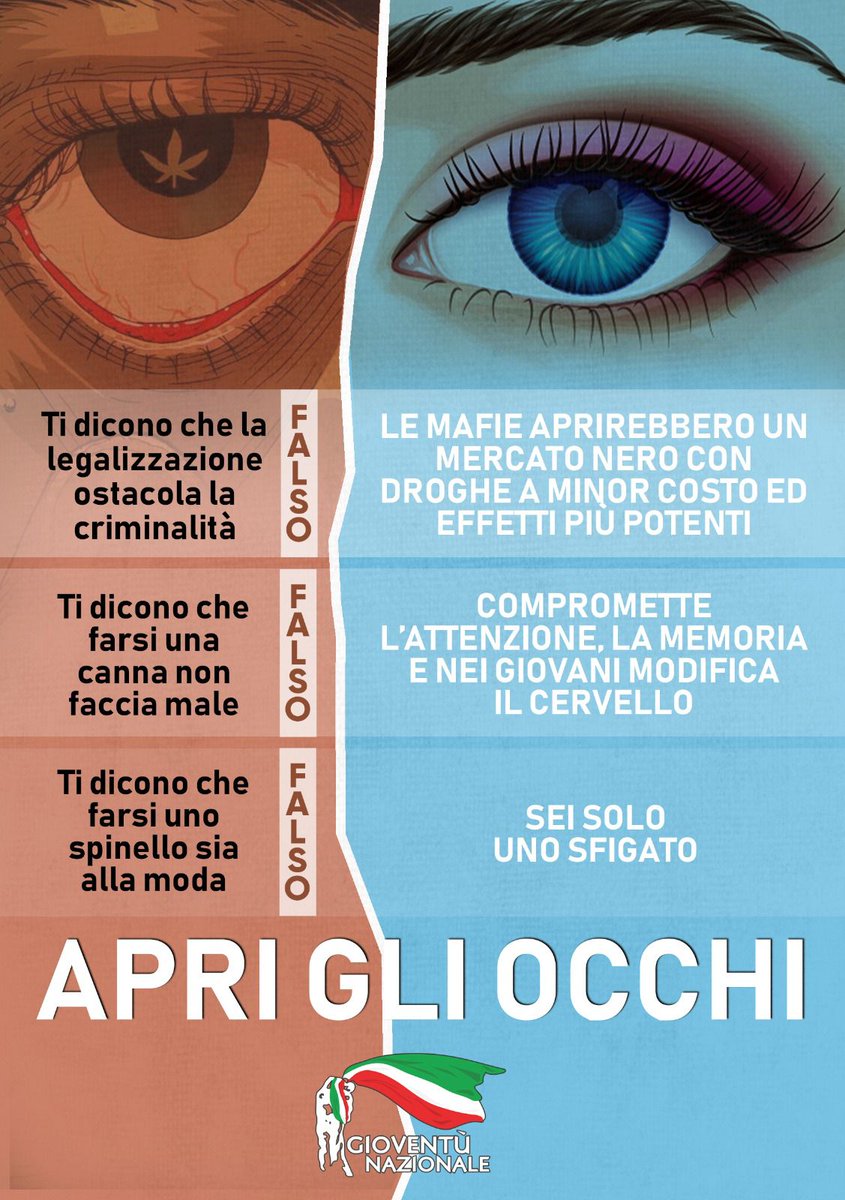“Depenalizzare, legalizzare, regolamentare”…siamo stufi delle vostre balle!

Saremo in tutte le piazze d’Italia a ribadire ancora una volta che la droga è un’arma di distrazione di massa, che la droga ci FA SCHIFO! 

APRITE GLI OCCHI.
CI VOGLIONO SCHIAVI. NOI SIAMO LIBERI.