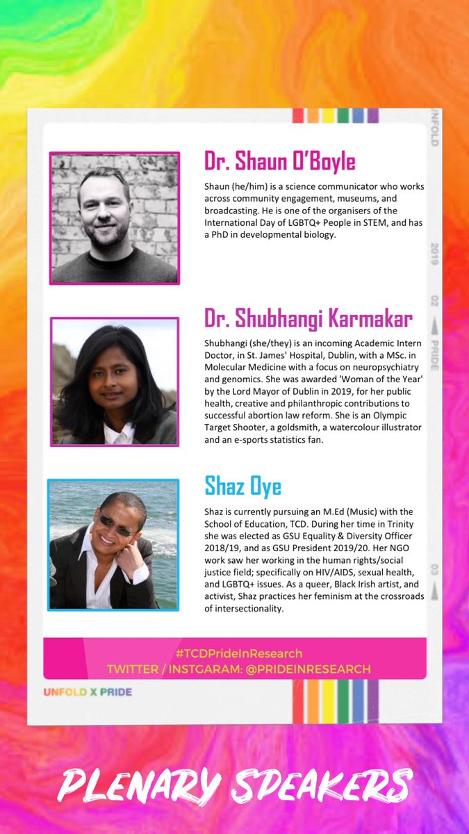 Our plenary speakers for #TCDPrideInResearch are @shaunoboyle, @Repealist_ and @shazoye! We can't wait to welcome them and hear each of their unique perspectives! 🏳️‍🌈🏳️‍⚧️❤️