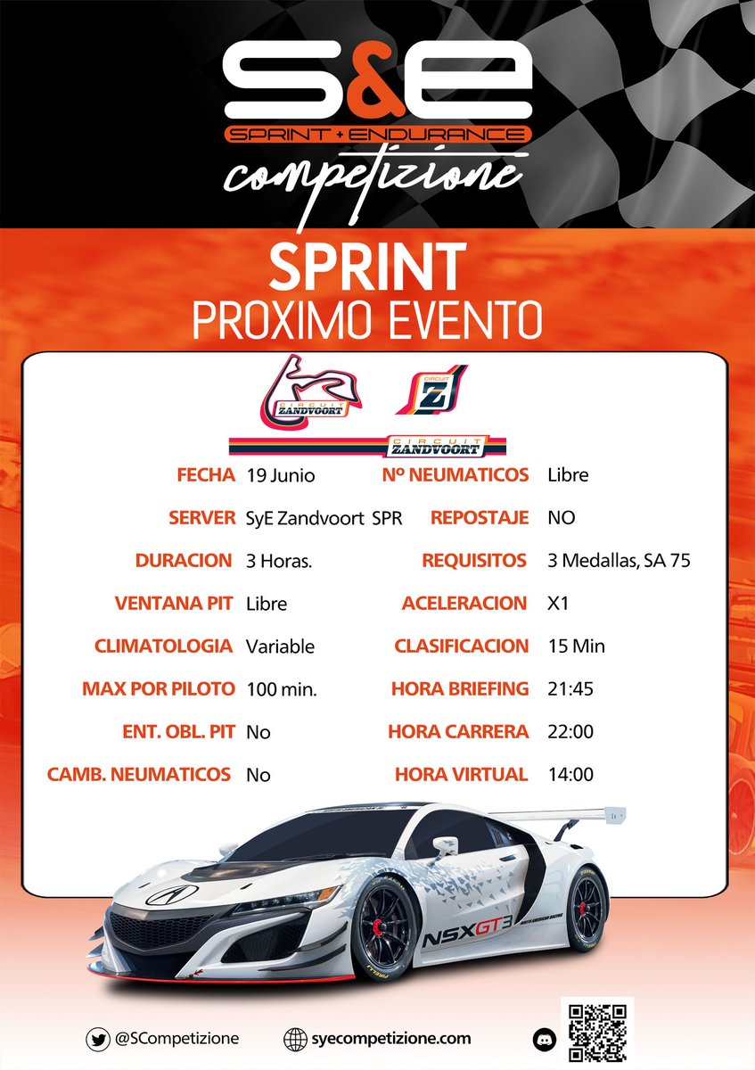 Fin de semana de Campeonato Sprint en <a href="/SCompetizione/">SyECompetizione</a>. 3h de carrera en el Circuito de Zandvoort donde las diferentes estrategias estarán a la orden del día.
Toda la información en nuestro Discord.
discord.gg/PvKveWbn