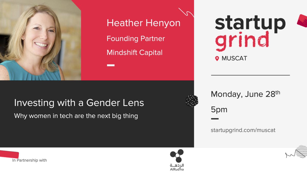 Who's ready for our next event? We are hosting <a href="/HHenyon/">Heather Henyon</a>, Founding partner of <a href="/mindshiftcap/">Mindshift Capital</a> on investing in #WomenInTech. Don't miss this this exciting conversation - register here: startupgrind.com/e/m8jq46/
#StartupGrind #Oman #OmanEvents