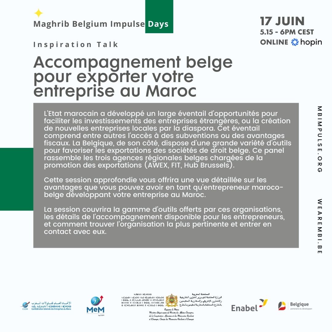 wearembi's tweet photo. 17 JUNE, 17:15 - 18:00
BELGIAN SUPPORT TO EXPORT YOUR BUSINESS TO MOROCCO
Register at: https://t.co/fhC5QHnB6i
Visit https://t.co/KcuIV5kbLu for more information about the event.
#mbi #wearembi #mbidays https://t.co/HHYR6p5Gmb