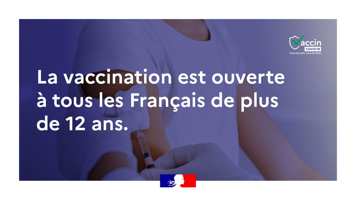 gouvernementFR's tweet image. #COVID19 | À compter d&apos;aujourd&apos;hui, la vaccination est ouverte à tous les Français de plus de 12 ans.

Pour tout savoir sur la #vaccination, rendez-vous sur : gouvernement.fr/vaccins