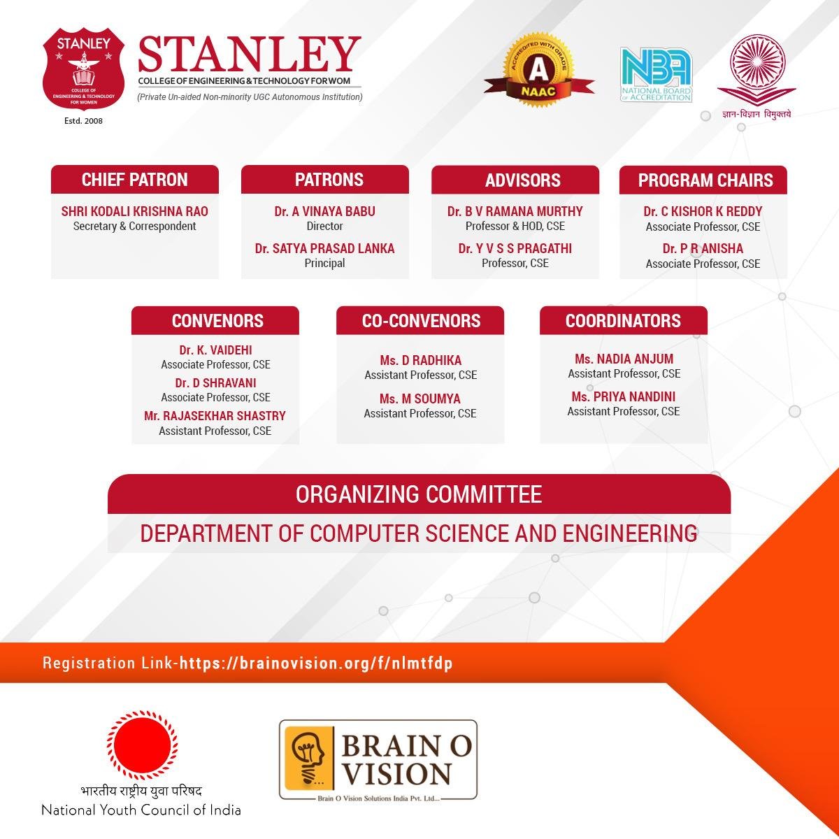 stanleywomensc1's tweet image. Department of Computer Science and Engineering, Stanley College is organising a #NationalLevel 1 Week #VirtualFacultyDevelopmentProgram on &quot;#MultiTechnology&quot; from 28th June to 3rd July 2021. 

Registration Link
brainovision.org/f/nlmtfdp
