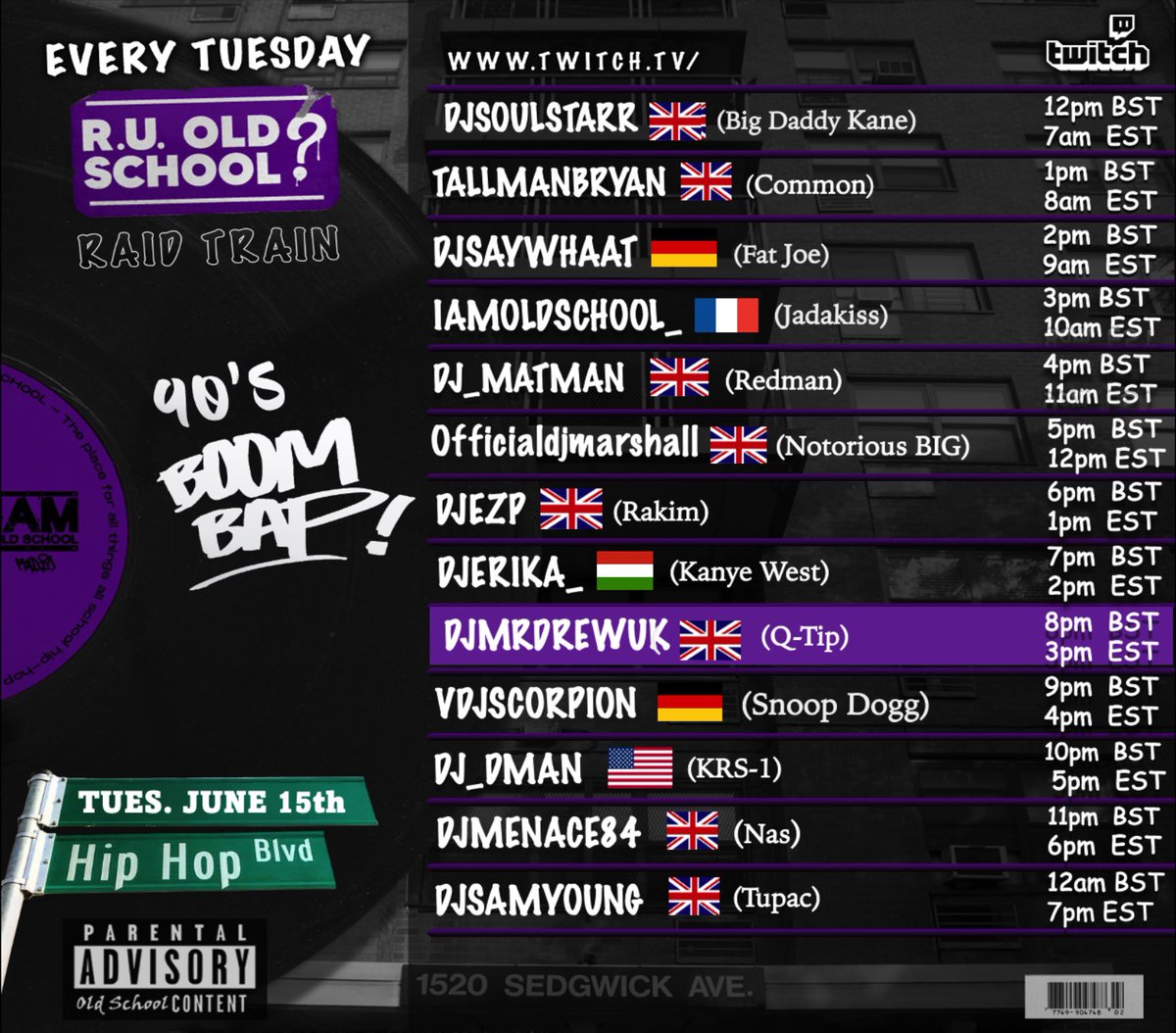 The Tuesday R U OldSchool raid train is a hip-hop fan’s delight. Join me tonight from 8pm BST - we’re gonna have big fun! I’ll be playing an hour of Tribe Called Quest legend Q-Tip. Join me from 8pm BST. twitch.tv/djmrdrewuk #ummah #soulquarians #oldschoolhiphop #nativetongues