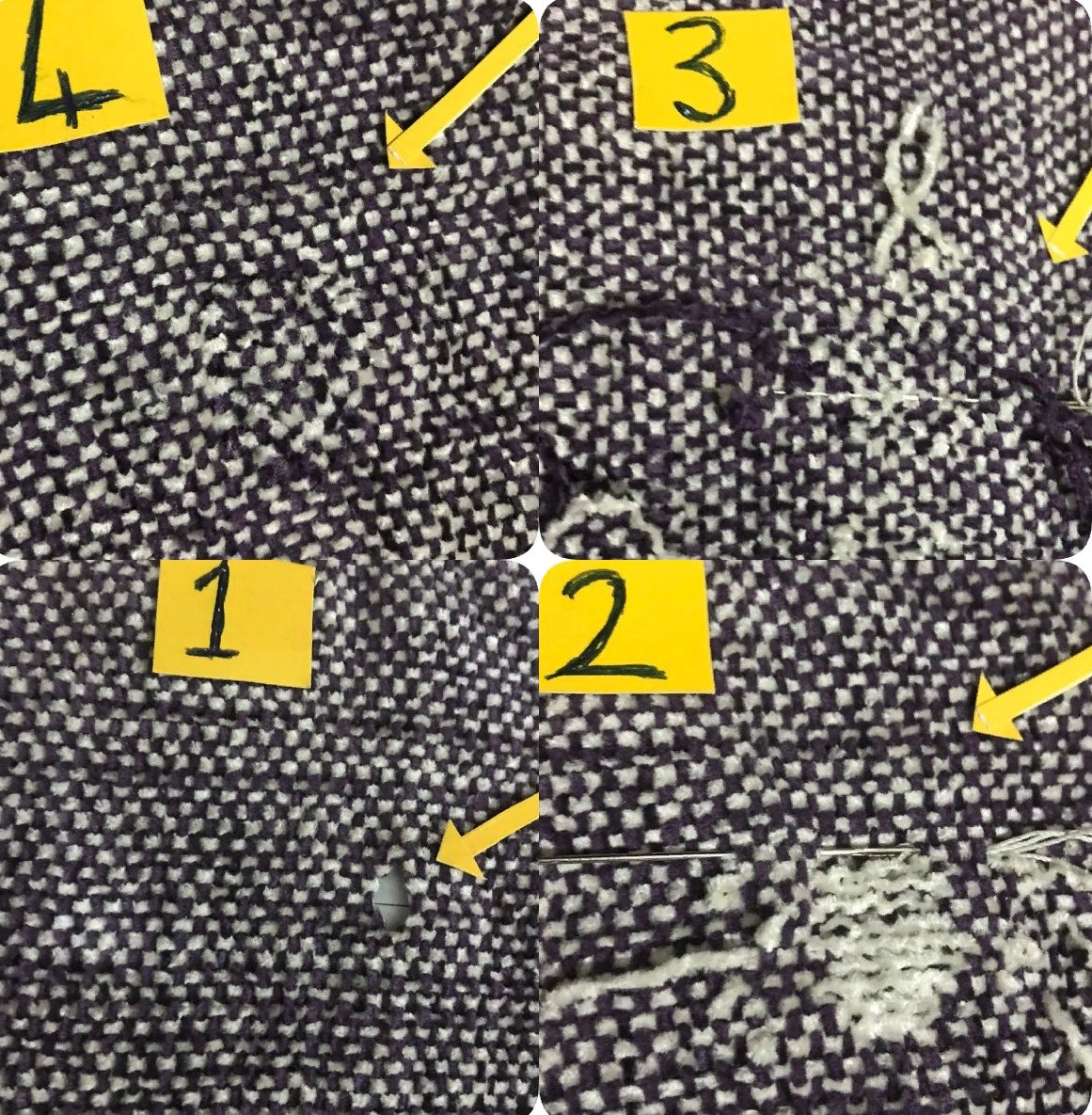 4 aşamada, kumaşlarda oluşan yanık, yırtık, güve yenikleri için yapılan iplik nakli (dokuma işlemleri) görselleri.(Her kumaşın dokumasında farklı sonuçlar çıkar, kimi belirli, kimi belirsiz) giysidoktoru.com