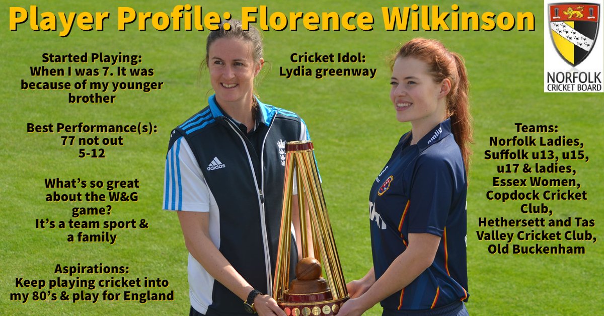 NorfolkCBWandG's tweet photo. 🚨Women's Big Cricket Month - Day 15🚨

We are half-way through #WomensCricketMonth &amp; to celebrate, we have another player profile, from our Norfolk Ladies County team: Florence Wilkinson

@NorfolkCB #ThisGirlCan https://t.co/I5qqwa3HJH