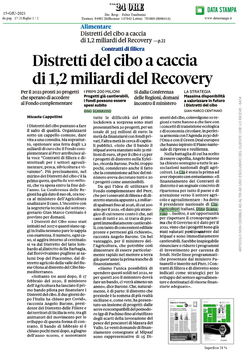 Cia_Agricoltura's tweet image. Approfondimento de @sole24ore sui #Distretti del #cibo con #Cia prima organizzazione ad aver rilanciato l'appello a ministri @SPatuanelli e @mara_carfagna per finanziamenti subito 🧑‍🌾✅🇮🇹
Nel pezzo il presidente nazionale @dinoscanavino  🍃👇