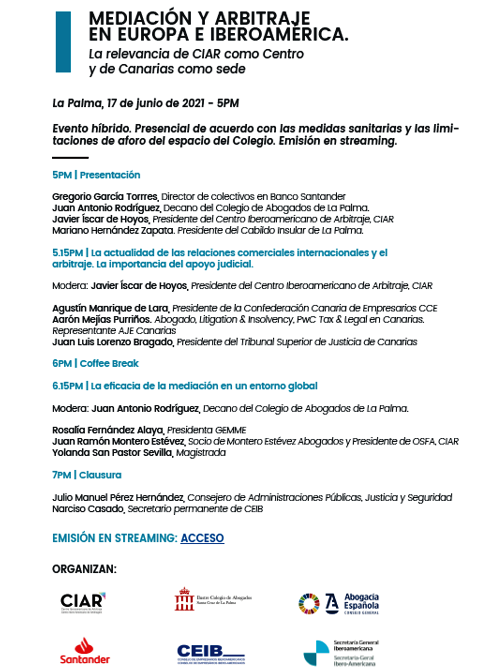 El próximo jueves 17 de junio a las 17:00h "MEDIACIÓN Y ARBITRAJE EN EUROPA E IBEROAMÉRICA" que puedes seguir por streaming a través del siguiente enlace: us02web.zoom.us/j/87639163182#…