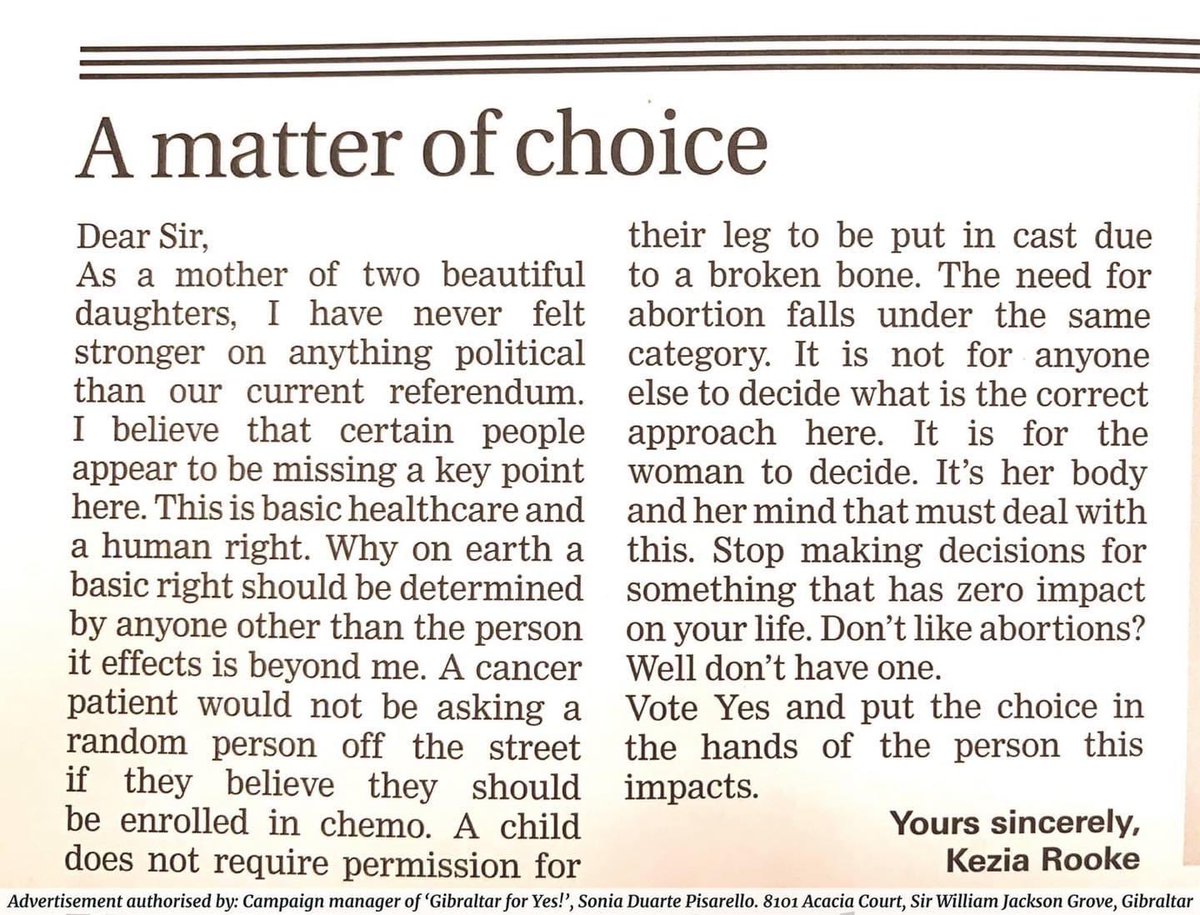 GibraltarforYes's tweet photo. A fantastic letter by Kezia Rooke published in last Thursday's Gibraltar Chronicle.
Register to vote here: https://t.co/NxfmFWAIkY
#HomeSafeLegal #CompassionateCare #GibraltarForYes #VoteYes #VoteForWomen #VoteForHealthCare #ThePositiveVote #savethedate #June24th #reprorights https://t.co/te3hA7rHMe