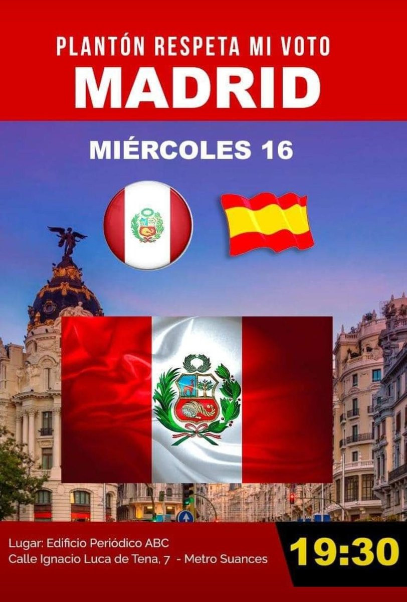 Mañana para todos los Peruanos que estamos en #Madrid pasen la voz <a href="/VanyaThais/">Vanya Thais</a> <a href="/KenjiFujimoriH/">Kenji Fujimori</a> <a href="/KeikoFujimori/">Keiko Fujimori</a> <a href="/AccionPopular/">Partido Político Acción Popular</a> <a href="/claudia_mho/">Claudia María H.</a> <a href="/UnPataLibre/">Lizandro Bonilla - Un Pata Libre</a> <a href="/salinasmariapia/">María Pía Salinas</a> <a href="/ProgresOOC/">J</a> @SoyJudyRo94 @PERUANOS21 <a href="/raullabarthe/">Raúl Labarthe</a> @rosangellafp <a href="/willaxtv/">Willax Televisión</a> <a href="/CarlaTello_R/">Carla Tello R</a> <a href="/esquinabaja/">Carla García B 💚</a> <a href="/fkrklect/">Frank Krklec #Diputado14</a>