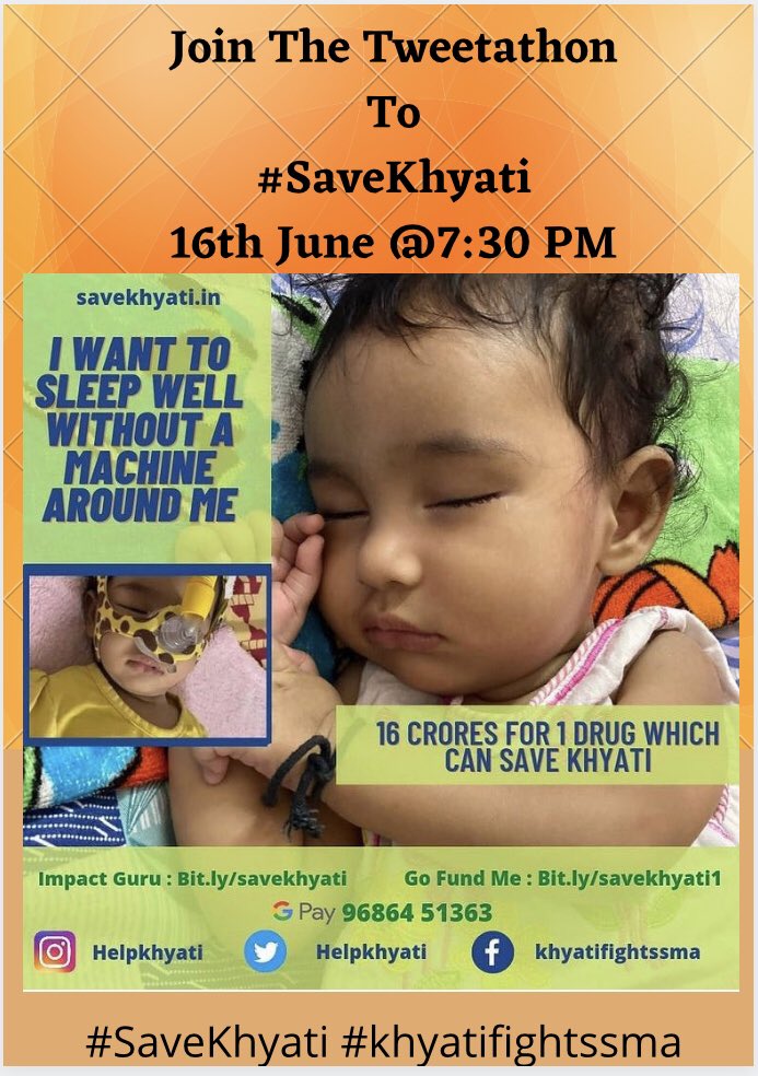 AdityaDubey2003's tweet image. #Khyati needs a @Novartis medicine worth 16 Crores before 31st August i.e her first birthday
Till date 2.5Cr has been raised &amp;amp; 13.5 remains to be raised
Join the Tweetathon on 16th June @ 7:30 to help us crowdfund the life saving drug for this child👧🏻 
Together we can #SaveKhyati