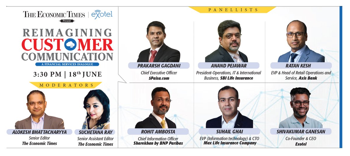 Join us on ET &amp; <a href="/Exotel/">Exotel</a> present "Reimagining Customer Communication for the Financial Services Industry" on 18th June, 3:30 pm onwards! <a href="/5paisa/">5paisa</a> <a href="/SBILife/">SBI Life Insurance</a> <a href="/AxisBank/">Axis Bank</a> <a href="/Sharekhan/">Mirae Asset Sharekhan</a> @MaxLifeIns 

Register Now:
timestream.in/event-director…