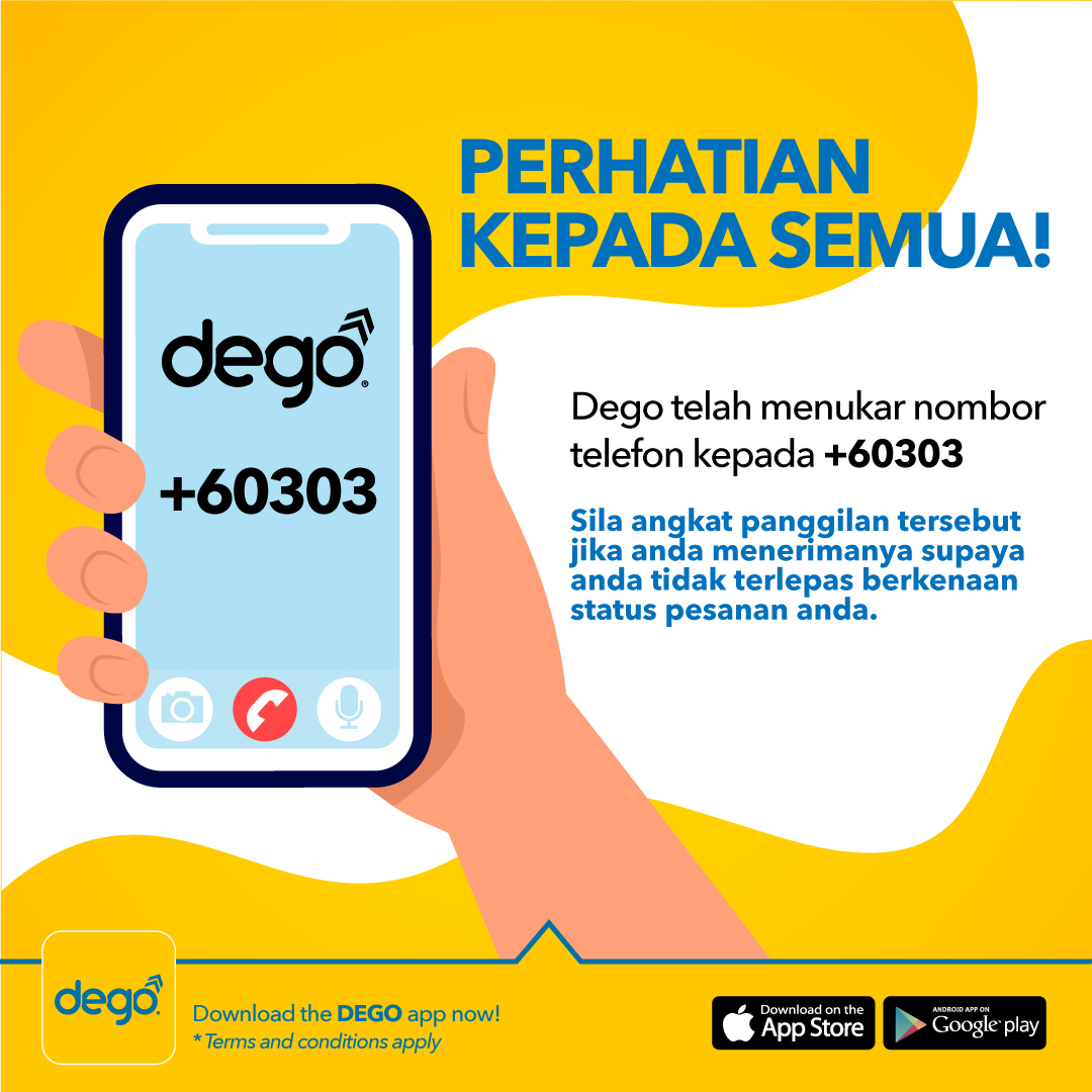 dego_my's tweet photo. Dego secara rasmi menggunakan nombor ini, +60303 sebagai talian utama kami untuk berkomunikasi dengan pengguna, delivery expert, dan merchant.
Sebarang pertanyaan, sila hubungi kami melalui LiveChat.
Log masuk aplikasi > Profil > Sokongan > LiveChat
#DegoMy
#TeamDego https://t.co/0eM08adFXZ