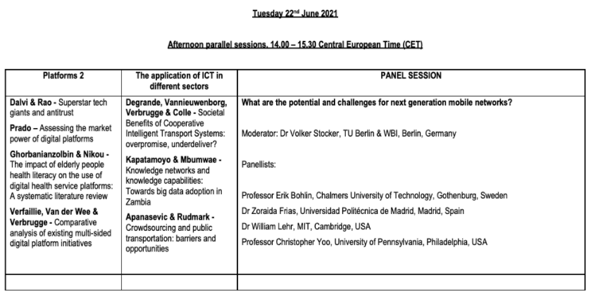 In the afternoon (Tue 22, 14 CET) we're having more presentations (on #platforms &amp; #antitrust + #ICT &amp; public transport) and a panel session on next-gen #mobile networks w/ Erik Bohlin <a href="/Zoraida_/">Zoraida Frías</a> <a href="/whlehr/">Bill Lehr</a> Chris Yoo (moderated by <a href="/volker_stocker/">Volker Stocker</a>).

More info: itseurope.org/2021/