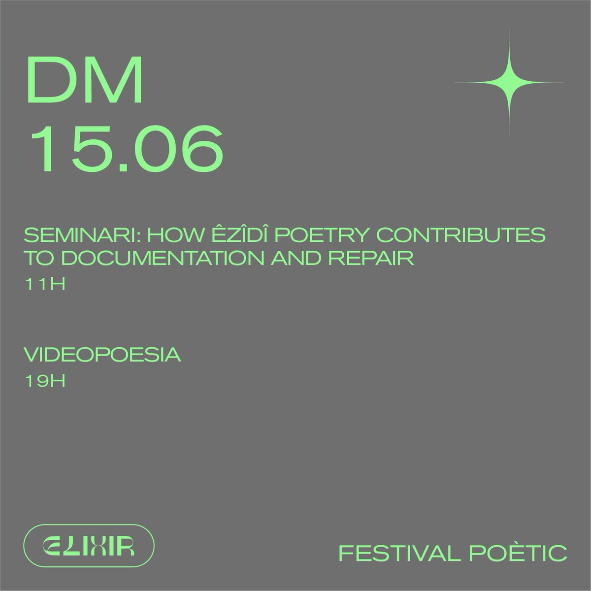 ElixirPoetic's tweet photo. AVUI 15/06 📢

✨ SEMINARI “How Êzîdî poetry contributes to documentation and repair” (11h - online)

✨ VIDEOPOESIA (19h–Cinema Catalunya) 

📍Terrassa

🎟️➡️  https://t.co/BViiHPmi0O

💻: @bakoom_studio https://t.co/y4vcD0N4QA