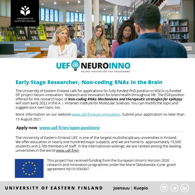 UEFNeuroInno's tweet photo. Interested in RNA biology? Young, enthusiastic research team is looking for Early Stage Researcher (PhD Candidate, MSCA COFUND) for a project focusing on Non-Coding RNAs in the Brain. See our website for more information https://t.co/iiz6zQI1DZ  #uefneuroinno @MSCActions https://t.co/vRNRR9CjjO
