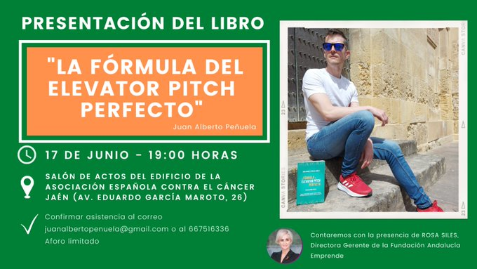 cadesevilla's tweet photo. 🗓️17 de junio
⏰19 h.
📍@aeccjaen

🆙Presentación del libro "La Fórmula del Elevator Pitch Perfecto" de @japenuela a cargo de nuestra directora 
@rosasiles.

🙌Juan A., apoyado por @cadejaen, ha sido ganador de los Premios Andalucía Joven del @IAJuventud categoría #Emprendimiento https://t.co/np5jLo03TR