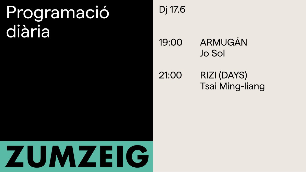 ZumzeigCinema's tweet image. Avui 👉 Per aturar-se i pensar:

#Armugán Un itinerari personal i poètic de #JoSol sobre la vida a partir del trànsit cap a la mort amb un paisatge pirinenc 🗻

#RiziDays Dos homes comparteixen soledat en una habitació d'hotel, una sensibilitat pròpia de #TsaiMingLiang 🌃
