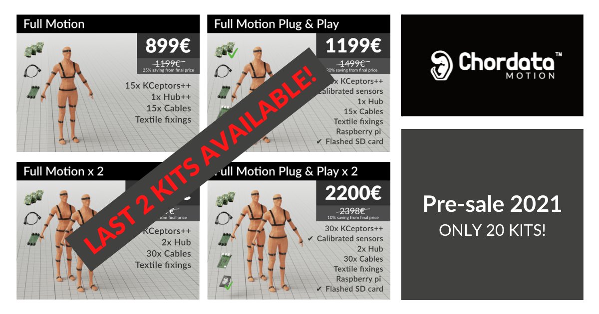 chordataMocap's tweet image. 🔚🚀Last units on Chordata&apos;s PRE-SALE! Don&apos;t lose this opportunity and take advantage of the special price.
⚡Only 2 kits available!⚡️
👉 Visit chordata.cc/pre-order/ and order yours!

#preorder #opensourcemotioncapture #motioncapture #opensource #FOSS #mocap #MocapLibre