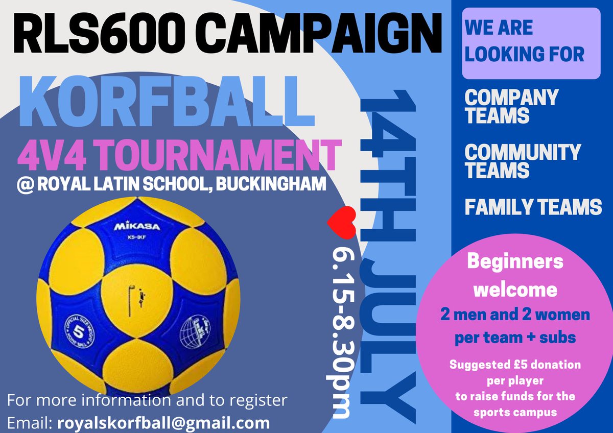RLS600's tweet photo. Looking for something to do for fun, fitness, or maybe networking? We are hosting a 4v4 Korfball competition and you and 3 teammates are invited! 

14th July
Beginners Welcome

For more info, please contact royalskorfball@gmail.com

@TheRoyalLatin @RoyalBucks2 @RLSsport #korfball https://t.co/OLkrO4cP5o