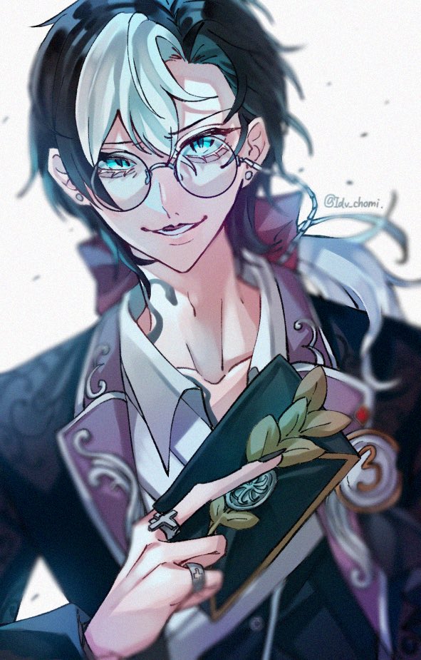 1boy male focus glasses solo black hair jewelry holding  illustration images