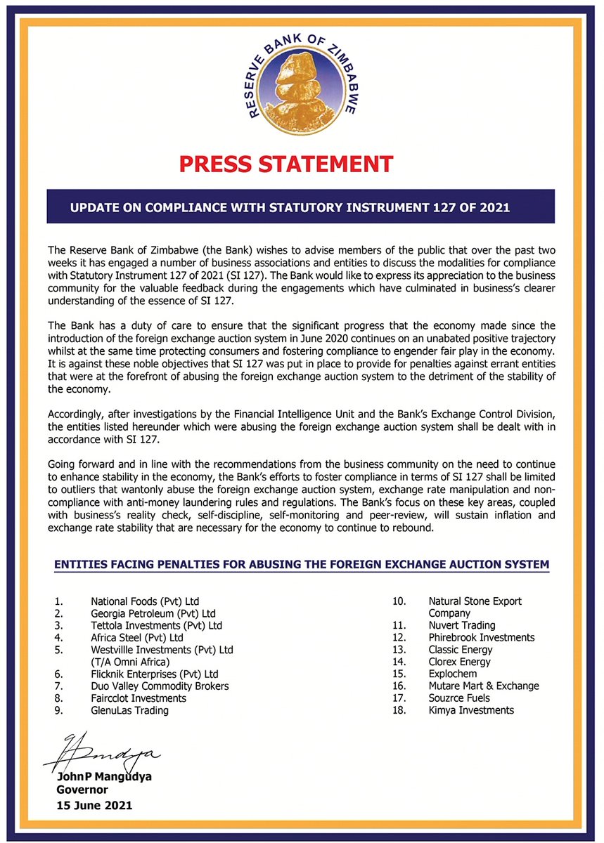 zimlive's tweet photo. The Reserve Bank of Zimbabwe publishes list of 18 companies that it says "abused the foreign exchange auction system" and now face penalties https://t.co/8lVsR8Zkuy