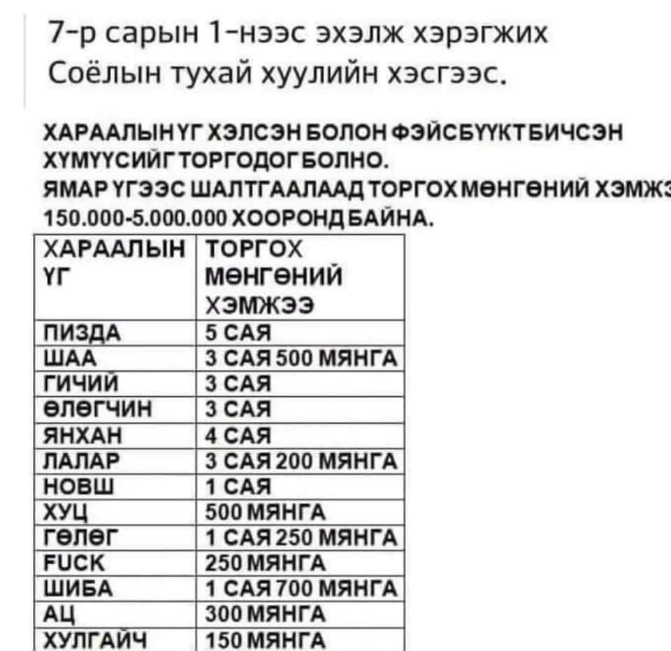 Сталонегийн тоглосон кино бий дээ. Хараал хэлэхэд торгуулийн хуудас бичигдээд гараад ирдэг. Мань эрд жорлонгийн цаас хэрэгтэй болоод хараал урсгаж овоохон багцлаад гардаг. Доорх хэдийгээр шоглоом боловч хүний эрхийг боомилж, хэлсэн үгээр нь хэрэг үүсгэдэг болсныг бид харж л бн.