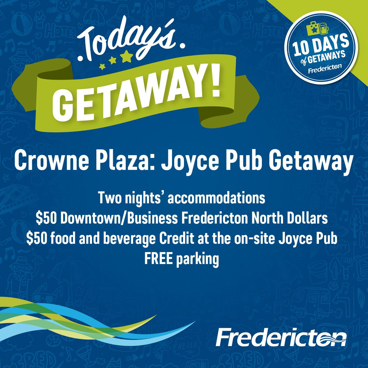💥10 Days of Getaways Prize Package #1!💥 
<a href="/CrownePlazaFTON/">CrownePlazaFTON</a> “Craft-Cation”! 
✔️2 night stay
✔️$50 credit <a href="/TheJoyceFton/">The Joyce</a>, $50 in either <a href="/DowntownFred/">Downtown Fredericton</a> dollars or <a href="/busfrednorth/">Business Fred North</a> $$ 
✔️&amp; Free parking! 
 #Fredericton! 
Enter here: 👉bit.ly/3zjHSHn