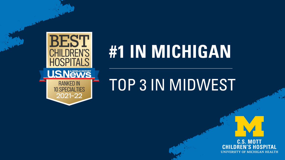 MottChildren's tweet photo. We are honored to be recognized by @usnews in their 2021-2022 Best Children’s Hospitals rankings. #besthospitals

🏆 #1 children’s hospital in MI
🏆  Top 3 in the Midwest 
🏆  The only children’s hospital in MI ranked in all ten specialties evaluated   

https://t.co/lFrgP2JYri https://t.co/ofv31LWE4a