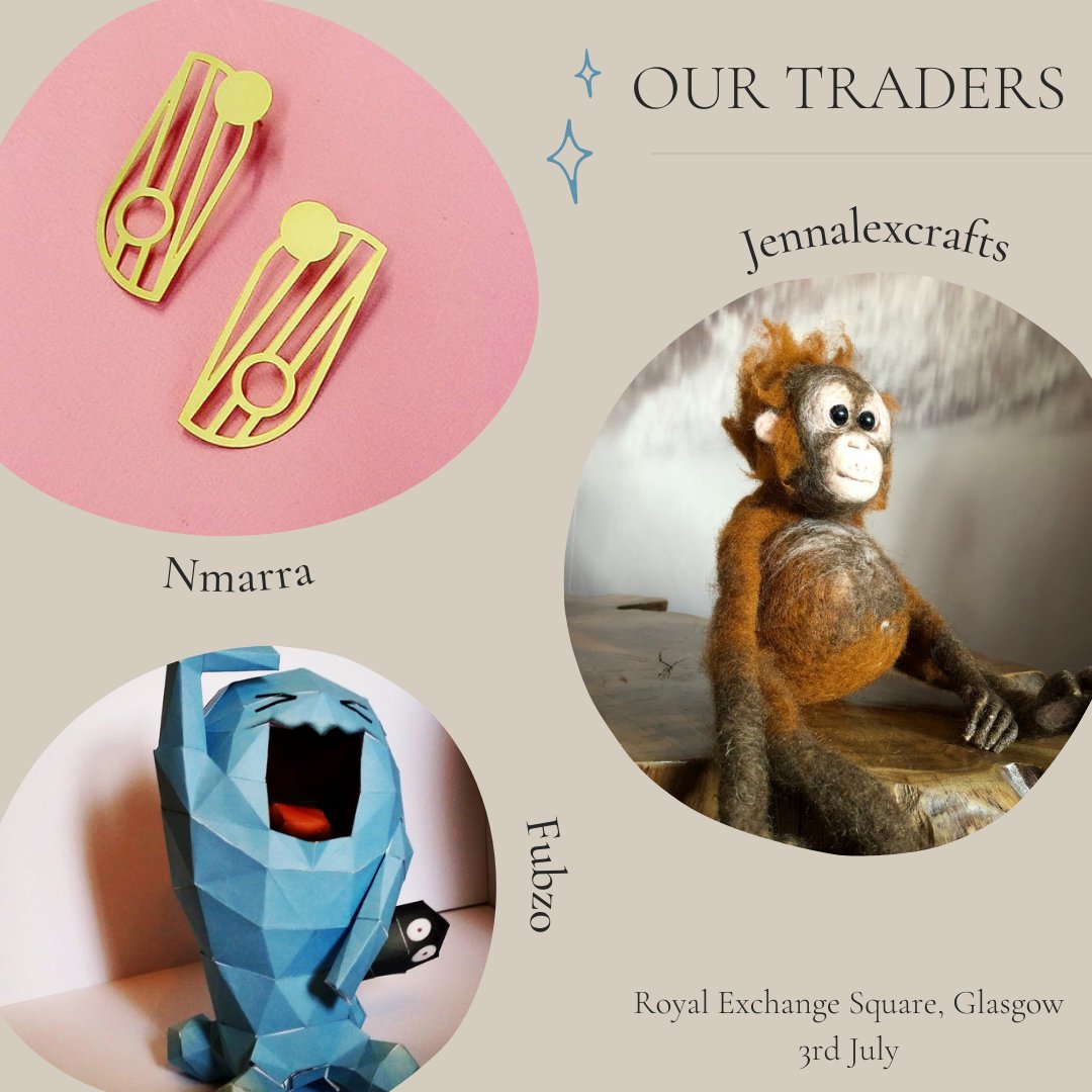 ArtOnScotland's tweet photo. FEATURED TRADERS: 3rd JULY
Nmarra brass earrings 💎
Jennalexcrafts needle felting 😍
Fubzo Papercraft Kits 👾 https://t.co/5swHkDedkd