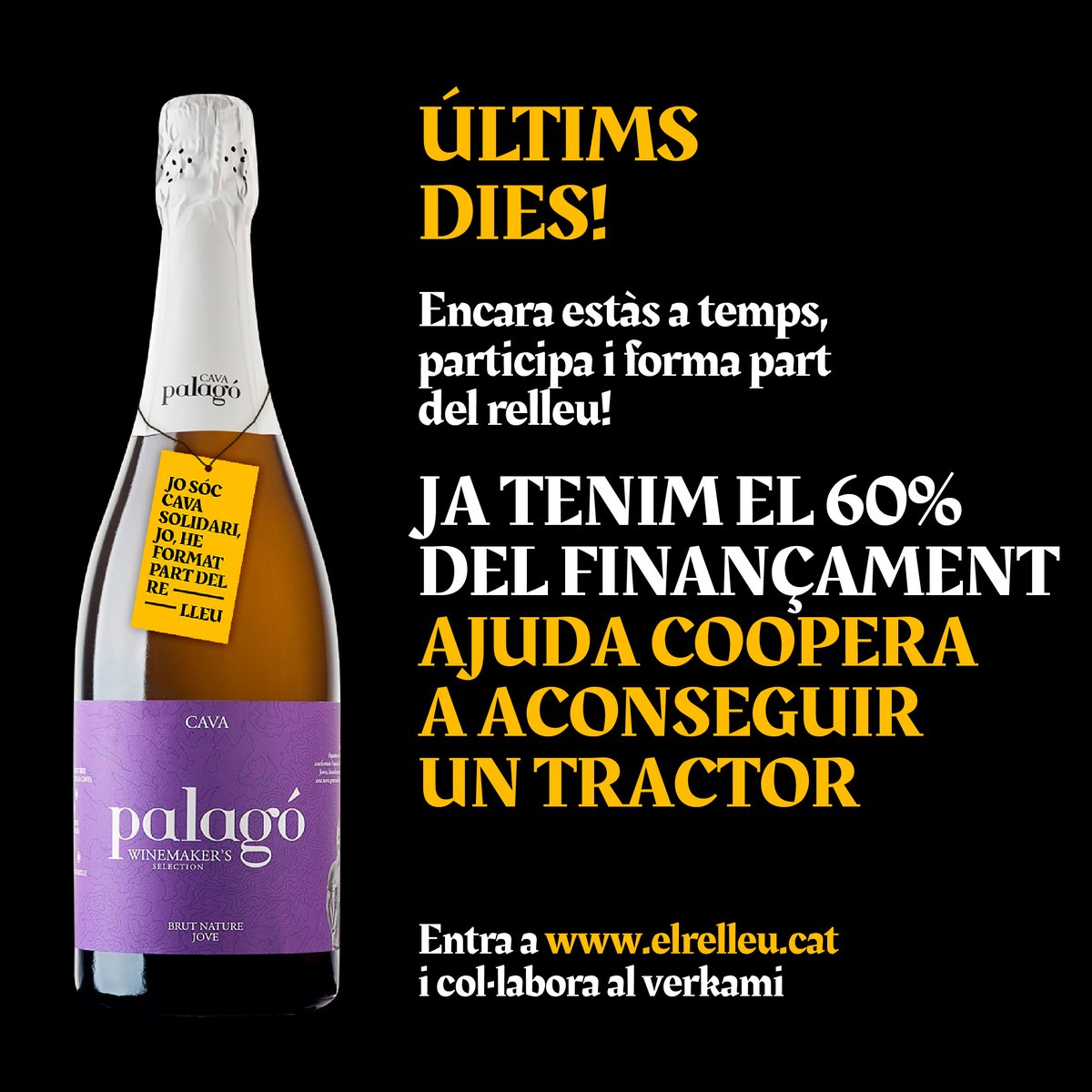 ÚLTIMS DIES!🍾💥🎉
Compra Cava Solidari Palagó i Ajuda @Coopera_agrari  a aconseguir un tractor.  👩‍🌾🧑‍🌾
✅ Participa al Crowdfunding i  fes RT➡️ ➡️ vkm.is/artcavacoopera