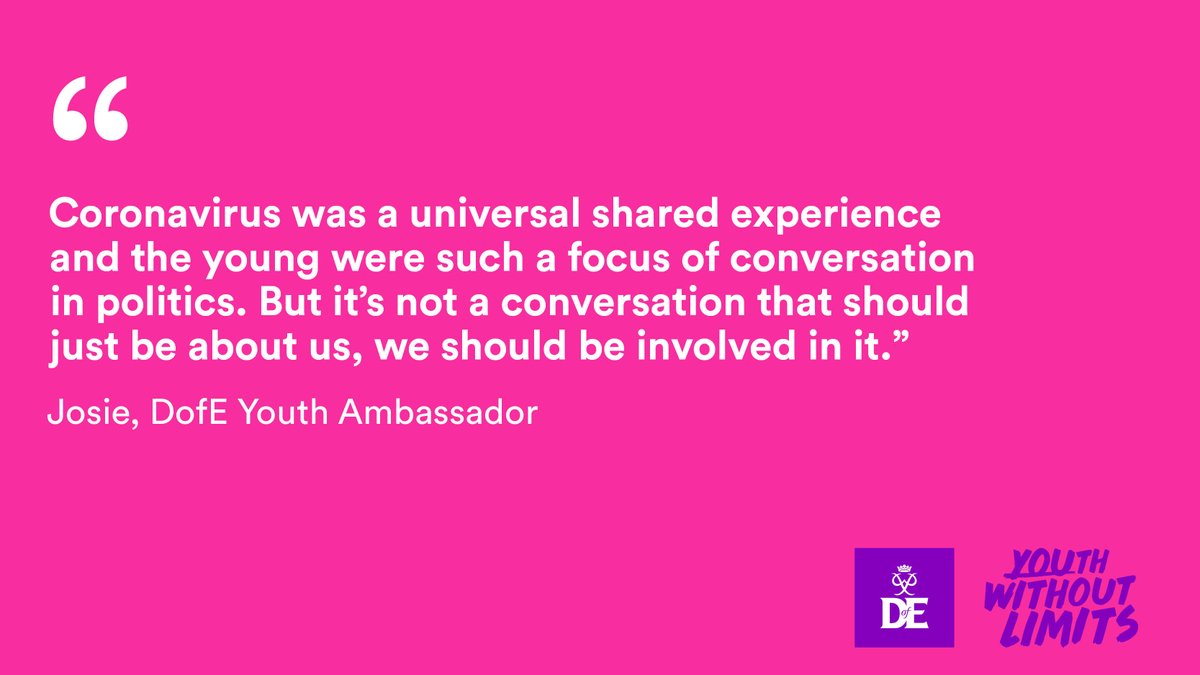 DofE's tweet image. Decision Makers, we need you. Listen up to what young people have to say about the key issues facing them today and what they want and need. 

✅ Listen to young people 
✅ Share what you learn using #ListenWithoutLimits
✅ Take action

dofe.org/youthmanifesto