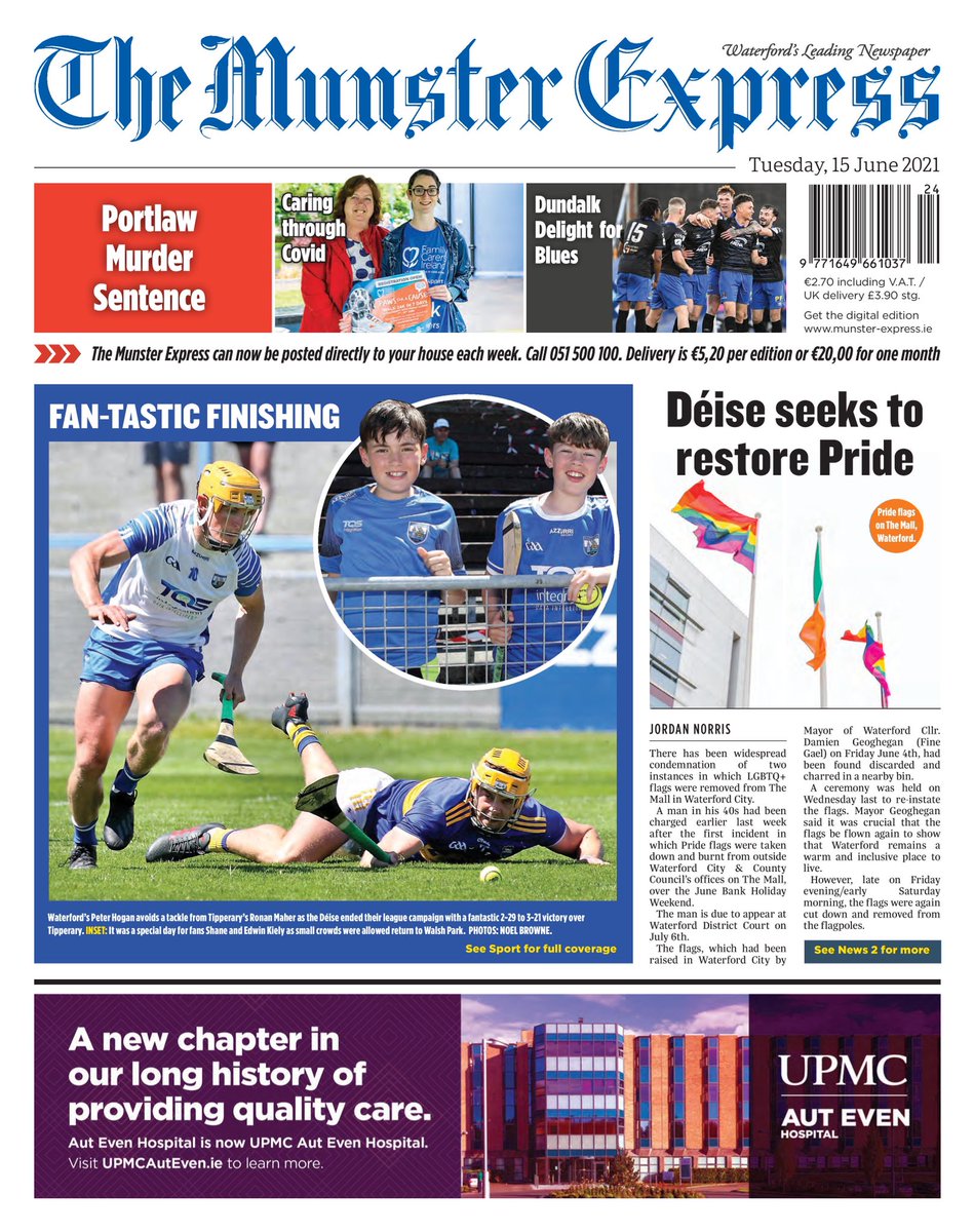 munsterexpress's tweet photo. The front page of this week’s edition: 

Déise seeks to restore Pride. 

Fan-Tastic Finishing: a good weekend for Waterford hurlers. 

Caring through COVID. 

Dundalk Delight for the Blues. 

News, sport, entertainment and more in this week’s Munster Express - in stores NOW: https://t.co/rDnFFSSrTM
