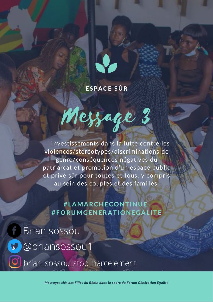 𝗠𝗲𝘀𝘀𝗮𝗴𝗲𝘀 𝗰𝗹𝗲́𝘀 𝗱𝗲𝘀 𝗙𝗶𝗹𝗹𝗲𝘀 𝗱𝘂 𝗕𝗲́𝗻𝗶𝗻 𝗱𝗮𝗻𝘀 𝗹𝗲 𝗰𝗮𝗱𝗿𝗲 𝗱𝘂 𝗙𝗼𝗿𝘂𝗺 𝗚𝗲́𝗻𝗲́𝗿𝗮𝘁𝗶𝗼𝗻 𝗘́𝗴𝗮𝗹𝗶𝘁𝗲́ 

𝗠𝗲𝘀𝘀𝗮𝗴𝗲 𝗡°𝟯

#H1000FGE #LaMarcheContinue #NosVoixComptent #GénérationÉgalité #Égalitéonagit #GenerationEquality