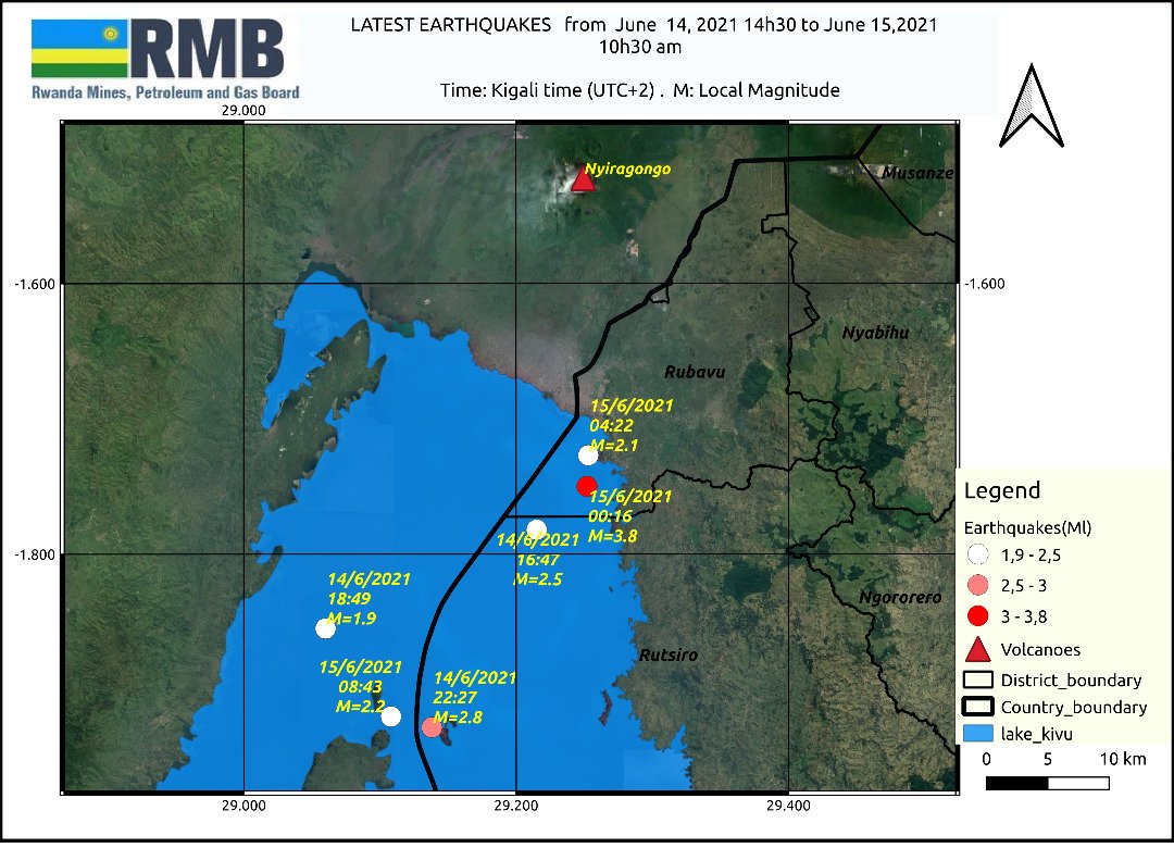 An ML 3.8  earthquake was recorded last night night at 00:16 (Local Time)  in Lake Kivu.  Other small earthquakes have been happening too but they are too small to cause damages.