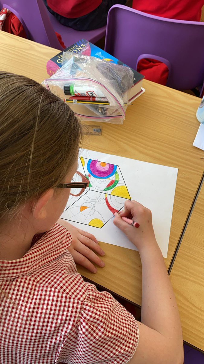 MissSWakefield's tweet photo. This morning we are looking at the work of Sonia Delaunay and creating our individual pieces which will make part of a whole school display. @RackhamPrimary #RackhamArtScienceMathsWeek https://t.co/tceA7nv3LC