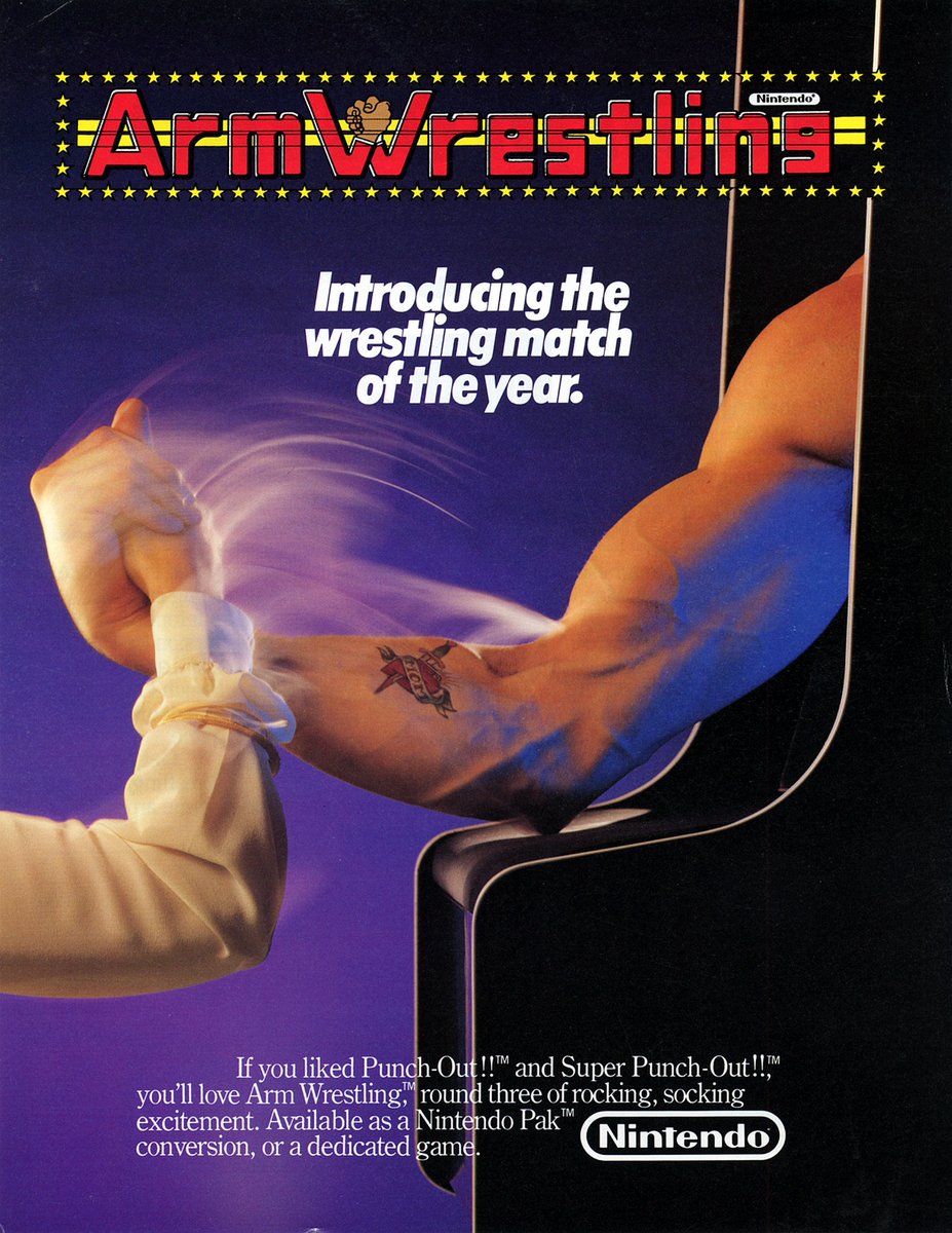 CoolBoxArt's tweet photo. Arm Wrestling / Arcade flyer / Nintendo / 1985 https://t.co/QvcBNw4gZ2