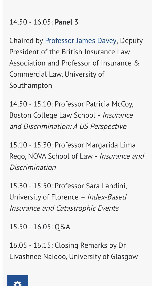 liv_naidoo's tweet image. Still time to register here 👉🏼 bit.ly/2R17Myh
Panel 3 chaired by @in_nominate with Profs Patricia McCoy and Margarida Lima Rego providing different perspectives on #discrimination in #insurance and Prof Sara Landini on #indexbasedinsurance. @saralandini1 
@UofGLaw_CFL