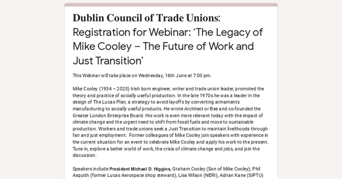 The Future of Work and a Just Transition will be discussed and debated by a stellar line-up of speakers, including our very own president, Michael D Higgins, tomorrow night Wednesday 16th June at 7pm, be sure to be there, register here buff.ly/3vrDEdi