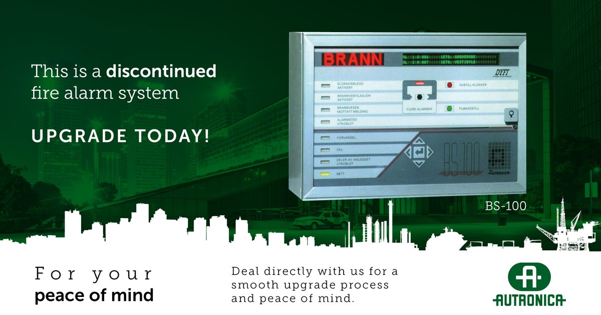 AutronicaFS's tweet image. If you have one of these, you need to take action today. For your peace of mind, we can help you with a smooth transition to extend the lifecycle and warranty of your fire alarm system.

upgrade.autronica@carrier.com
+47 90 90 55 00.

#staysafe #zerolossoflives #firesafety