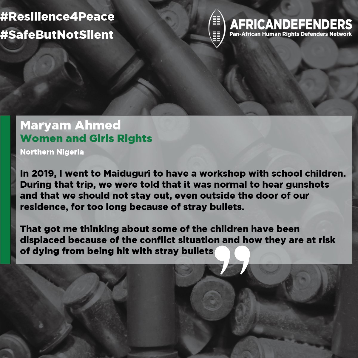 AfricaDefenders's tweet photo. #HRDs working in conflict areas face a lot of challenges and risks. This week, in our #Resilience4Peace campaign, we are going to explore them.

#WHRD, @IamAhmedmaryam shares the risk she and the children she helps face while working and living in Maiduguri, Northern #Nigeria ⬇️ https://t.co/2fIiuQZAaq