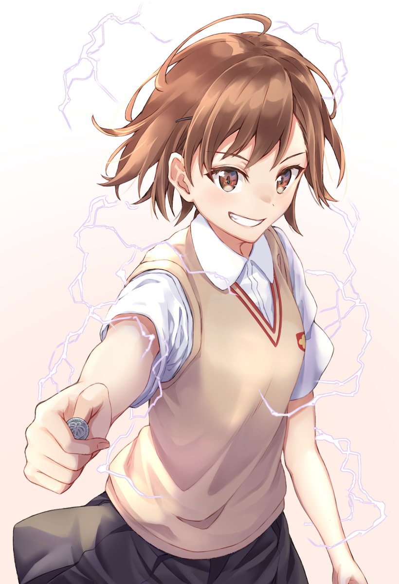 misaka mikoto 1girl coin tokiwadai school uniform brown hair solo school uniform brown eyes  illustration images