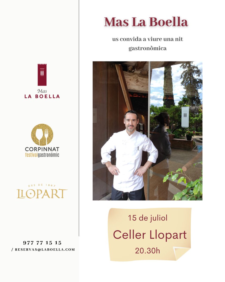 MasLaBoella's tweet photo. 🥂Tenim el plaer d’anunciar què el dijous 15 de juliol, el nostre Restaurant #MasLaBoella formarà part d’una nit gastronòmica excel·lent al Festival Gastronòmic Corpinnat🥂Reserves al 977 77 15 15 o al correu Reservas@laboella.com. Aforament limitat. https://t.co/YWyE2D2AQv