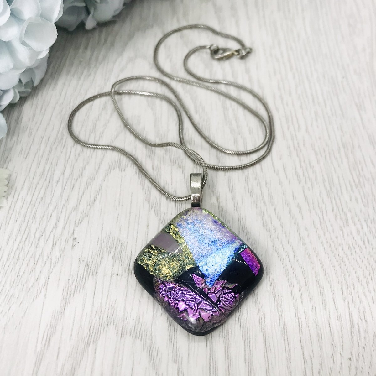 Vintage Dichroic Art Glass Pendant on Silver-tone Chain, Purple Crackle, Green, Opal Glass Foil Glass, Jet Black Art Glass Necklace. 1970s tuppu.net/62ca263 #Etsy #TheOldVintageCo #ArtGlassJewelry