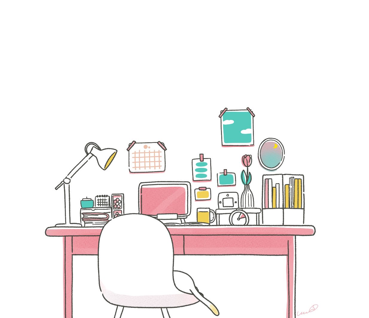 とりぃ 勉強垢用イラスト提供中 リクエストの机を描きました ピンクと水色の2種類あり 爽やかに可愛く仕上げてみました 机の上のものがほんの少し違います あと イスに猫がいます 自由に使ってね フリーイラスト 勉強机 勉強垢 勉強垢さんと